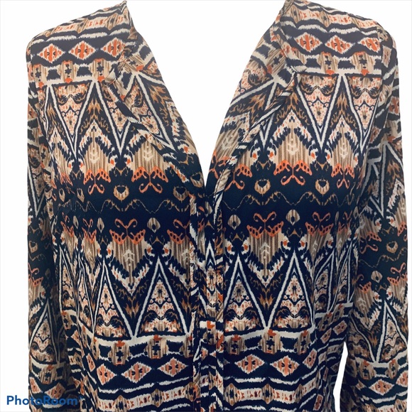 Under Skies Aztec Pattern V-Neck Long Sleeve Blouse Navy and Tan S - Picture 2 of 6